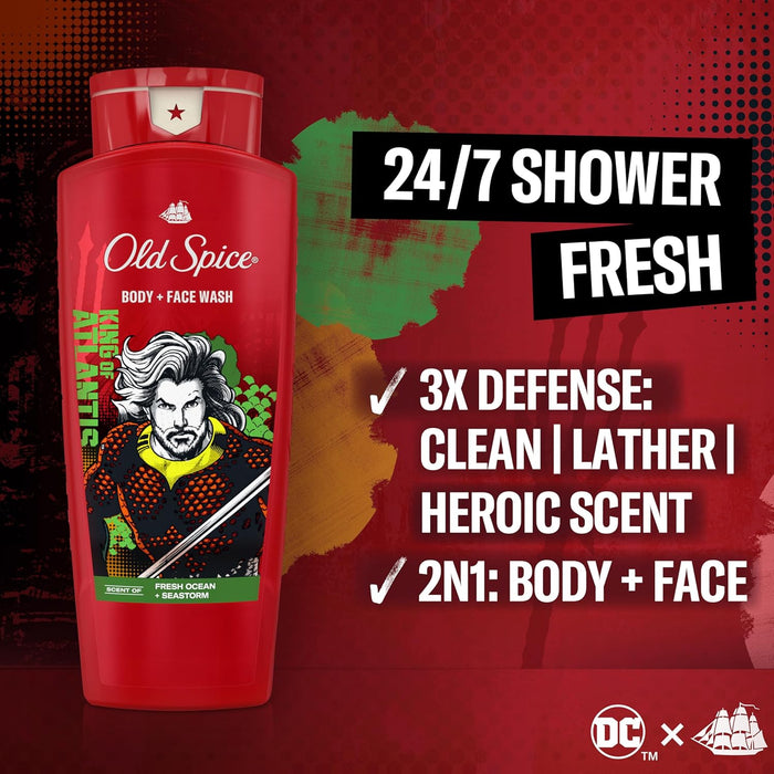 Body Wash for Men, Aquaman: King of Atlantis, 3X Defense, 24/7 Shower Fresh with Lasting Scent, Cleansing 2-In-1 Body & Face Wash, Smell like a Hero, Fresh Ocean and Seastorm Scent, 24 Oz
