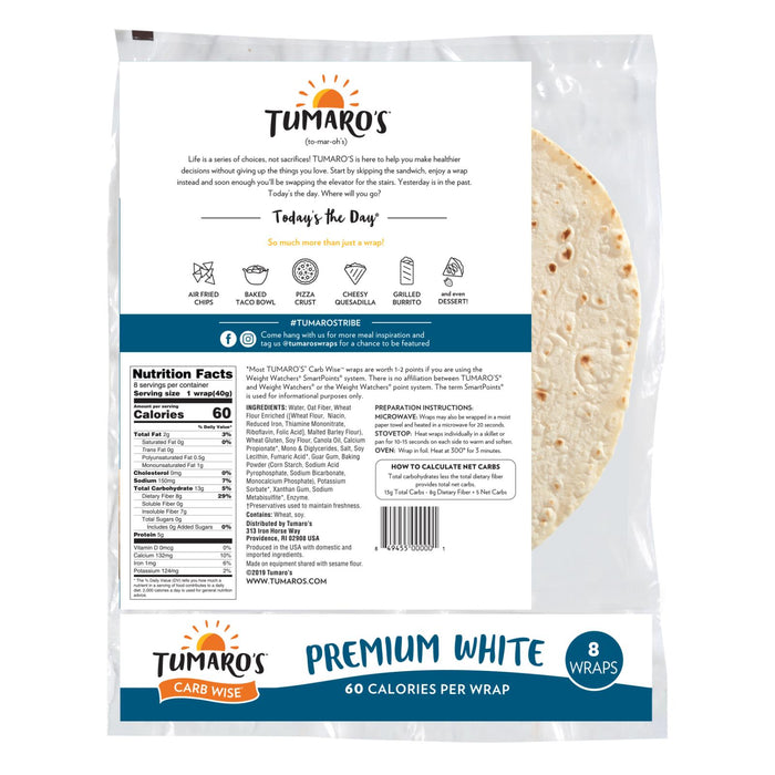 Tumaro's 8-inch Premium White Carb Wise Wraps - Case Of 6 - 8 Ct