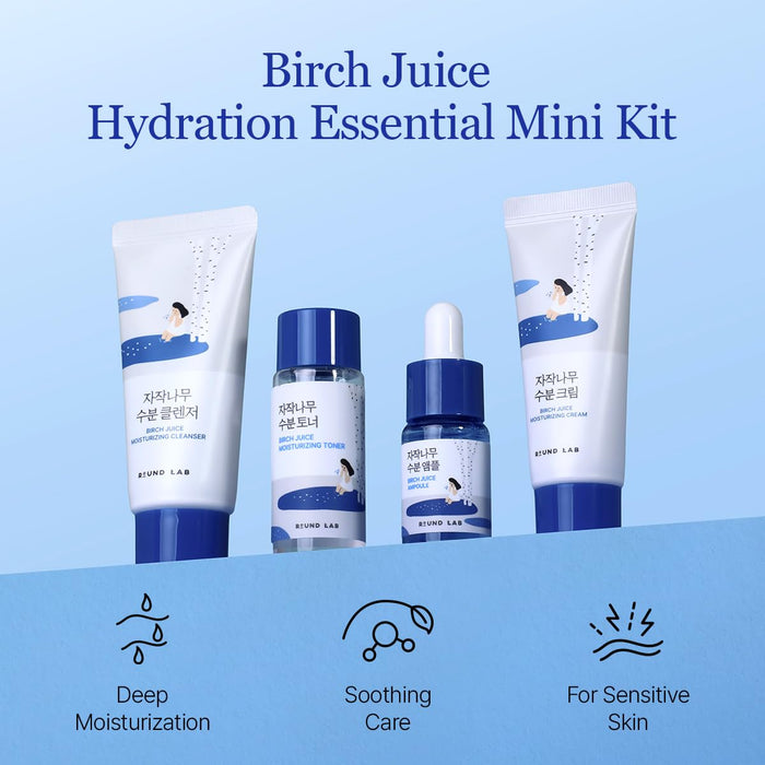 Birch Juice Moisturizing Mini Kit, 4-Step Travel Size Skincare Set (Cleanser, Toner, Serum, Cream), Daily Skin Care Routine Trial Kit for Acne-Prone and Sensitive Skin, Stocking Stuffers