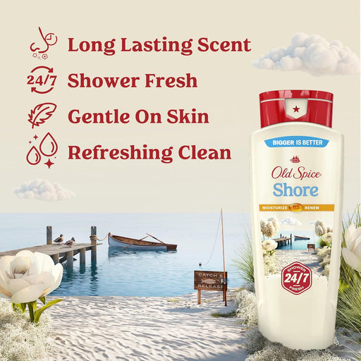 Cleansing Body Wash for Men, 24/7 Shower Fresh with Lasting Scent, Moisturize & Renew, Gentle on Skin, Vitamin B3, Shore with Clean Cotton & Jasmine Scent, 18 Oz