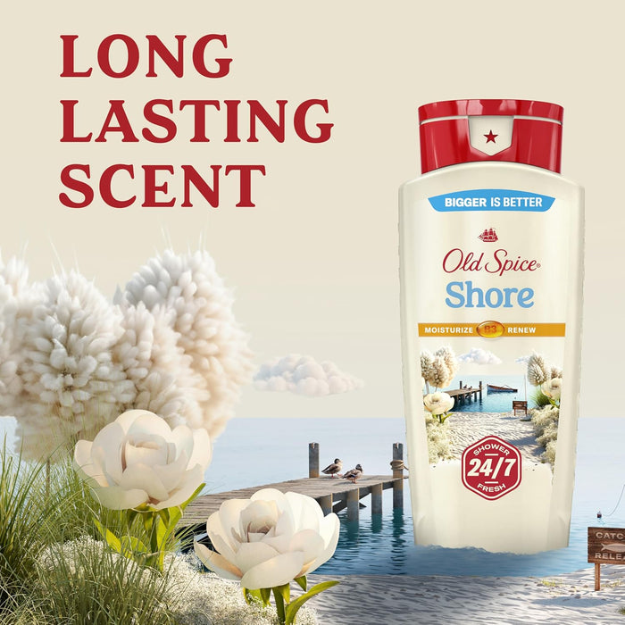 Cleansing Body Wash for Men, 24/7 Shower Fresh with Lasting Scent, Moisturize & Renew, Gentle on Skin, Vitamin B3, Shore with Clean Cotton & Jasmine Scent, 18 Oz