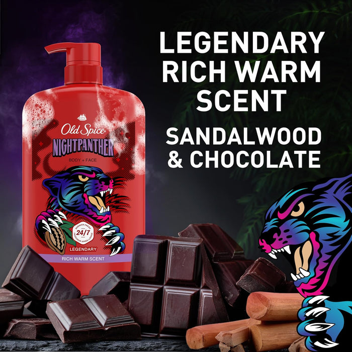 Cleansing Body Wash for Men, 3X Defense, 24/7 Shower Fresh with Lasting Scent, 2-In-1 Body & Face Wash, Nightpanther with Rich Warm Scent, 33.4 Oz