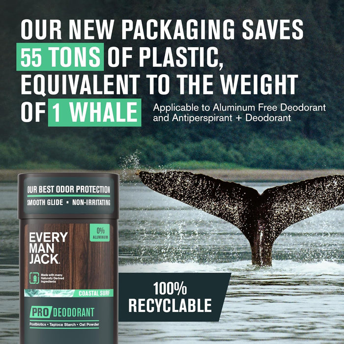 Men'S Pro Deodorant - 48-Hour Odor Defense Blend - Aluminum Free - Contains Postbiotics, Tapioca Stach & Oat Powder - Coastal Surf Scent - 2.6 Oz - 1 Pack