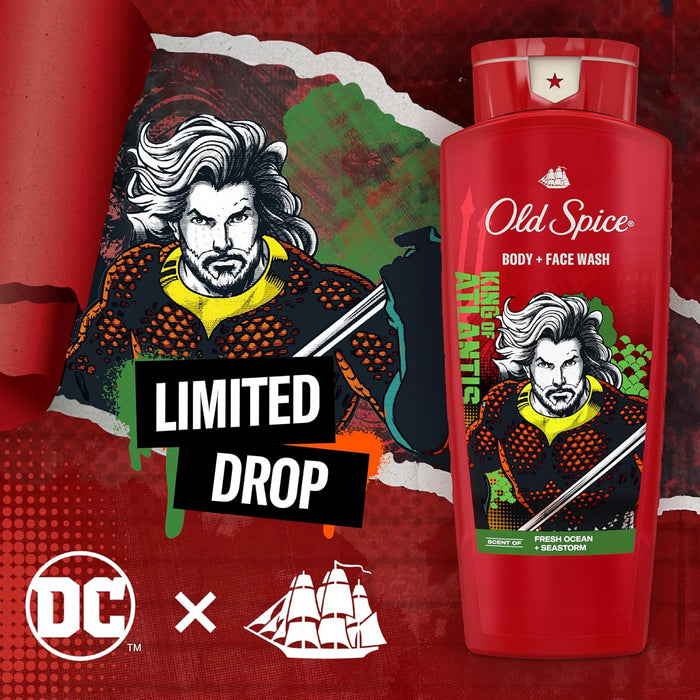 Body Wash for Men, Aquaman: King of Atlantis, 3X Defense, 24/7 Shower Fresh with Lasting Scent, Cleansing 2-In-1 Body & Face Wash, Smell like a Hero, Fresh Ocean and Seastorm Scent, 24 Oz