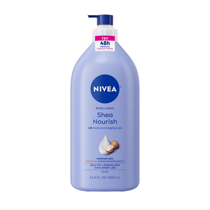 NIVEA Shea Nourish Body Lotion for Dry Skin with Hyaluronic Acid, Shea Butter and Deep Nourishing Serum, 48-Hour Body Moisturizer, 33.8 Fl Oz Pump Bottle