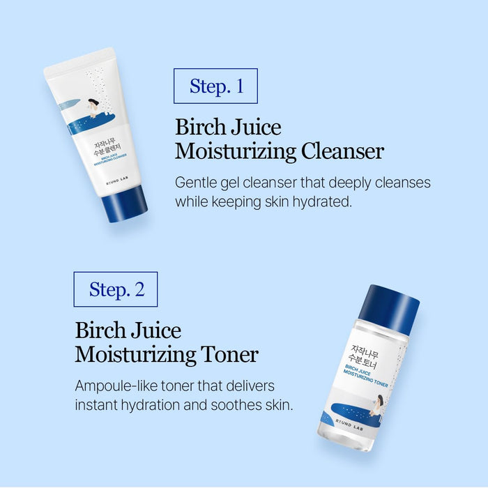 Birch Juice Moisturizing Mini Kit, 4-Step Travel Size Skincare Set (Cleanser, Toner, Serum, Cream), Daily Skin Care Routine Trial Kit for Acne-Prone and Sensitive Skin, Stocking Stuffers