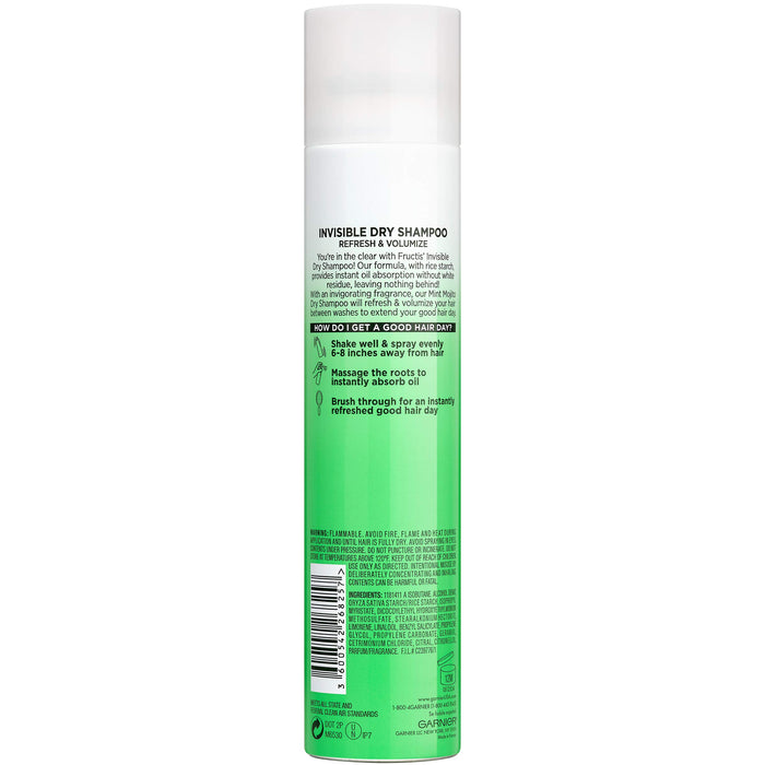 Garnier Invisible Dry Shampoo with no Visible Residue powered by Rice Starch to Instantly Absorb Oil, Refresh and Volumize, Silicone Free, Mint Mojito by Fructis, 4.4 oz.