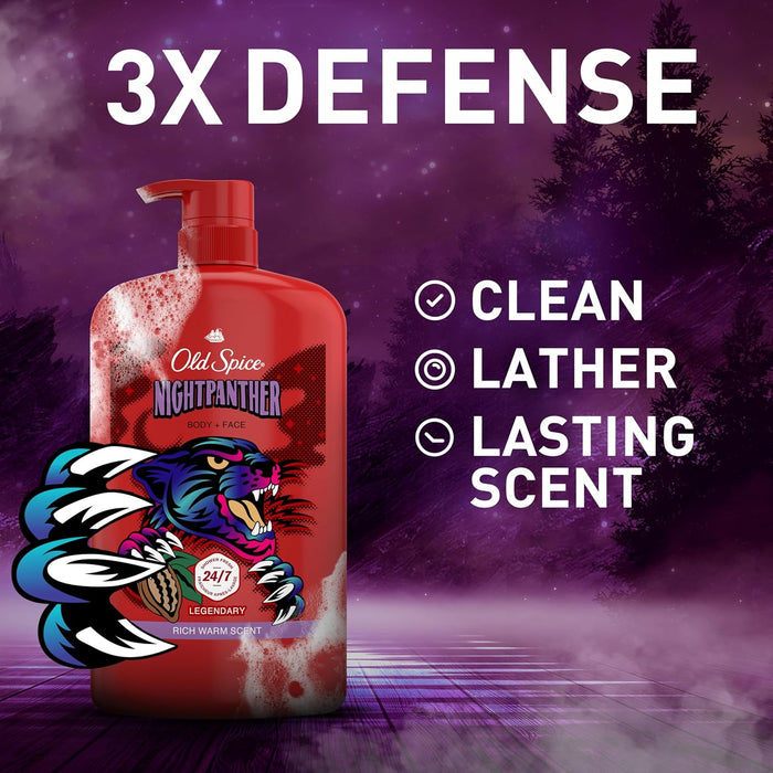 Cleansing Body Wash for Men, 3X Defense, 24/7 Shower Fresh with Lasting Scent, 2-In-1 Body & Face Wash, Nightpanther with Rich Warm Scent, 33.4 Oz