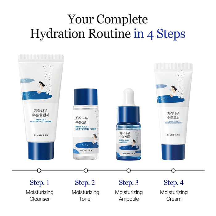 Birch Juice Moisturizing Mini Kit, 4-Step Travel Size Skincare Set (Cleanser, Toner, Serum, Cream), Daily Skin Care Routine Trial Kit for Acne-Prone and Sensitive Skin, Stocking Stuffers