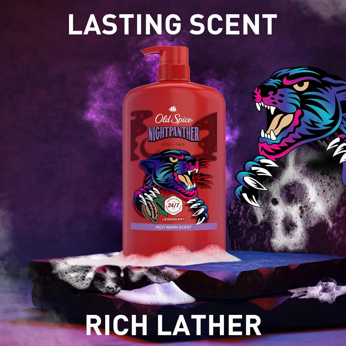Cleansing Body Wash for Men, 3X Defense, 24/7 Shower Fresh with Lasting Scent, 2-In-1 Body & Face Wash, Nightpanther with Rich Warm Scent, 33.4 Oz