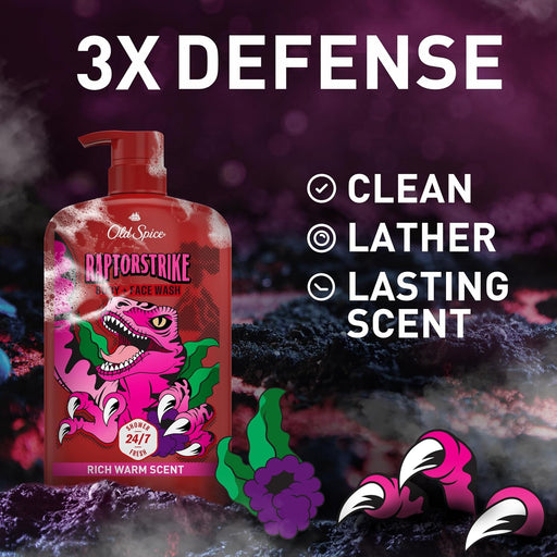 Cleansing Body Wash for Men, 3X Defense, 24/7 Shower Fresh with Lasting Scent, 2-In-1 Body & Face Wash, Raptorstrike with Dark Berry Scent, 33.4 Oz