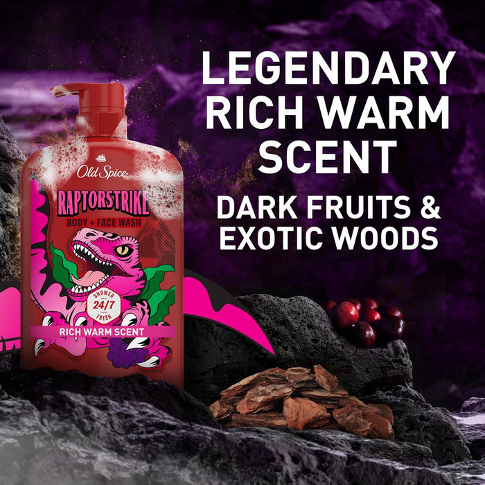 Cleansing Body Wash for Men, 3X Defense, 24/7 Shower Fresh with Lasting Scent, 2-In-1 Body & Face Wash, Raptorstrike with Dark Berry Scent, 33.4 Oz