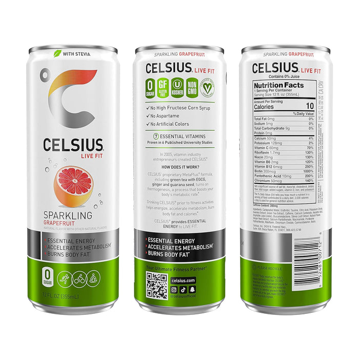 CELSIUS Sweetened with Stevia Sparkling Grapefruit Fitness Drink, Zero Sugar, 12oz. Slim Can (Pack of 12)