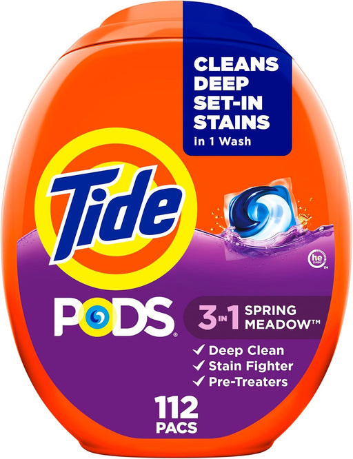 PODS Laundry Detergent Pacs, 3-In-1 Stain Remover, Odor Fighter, Color Protector, 112 Count, HE Compatible, Spring Meadow Scent