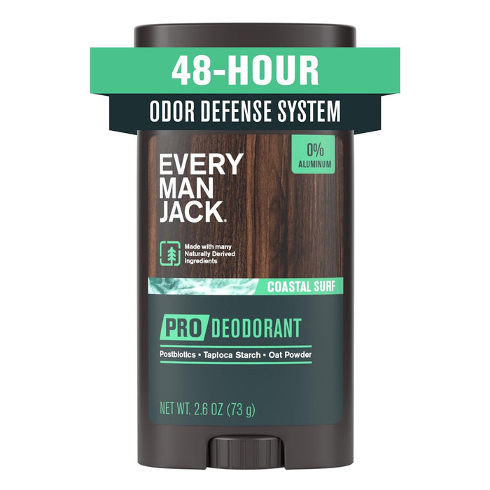 Men'S Pro Deodorant - 48-Hour Odor Defense Blend - Aluminum Free - Contains Postbiotics, Tapioca Stach & Oat Powder - Coastal Surf Scent - 2.6 Oz - 1 Pack