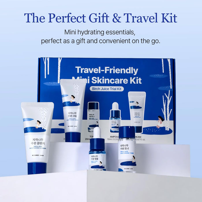 Birch Juice Moisturizing Mini Kit, 4-Step Travel Size Skincare Set (Cleanser, Toner, Serum, Cream), Daily Skin Care Routine Trial Kit for Acne-Prone and Sensitive Skin, Stocking Stuffers