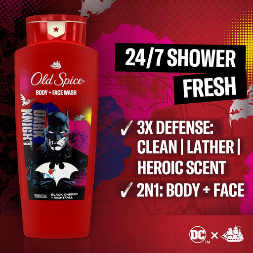 Body Wash for Men, Batman: Dark Night, 3X Defense, 24/7 Shower Fresh with Lasting Scent, Cleansing 2-In-1 Body & Face Wash, Smell like a Hero, Black Cherry and Nightfall Scent, 24 Oz