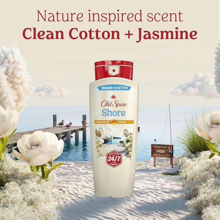 Cleansing Body Wash for Men, 24/7 Shower Fresh with Lasting Scent, Moisturize & Renew, Gentle on Skin, Vitamin B3, Shore with Clean Cotton & Jasmine Scent, 18 Oz