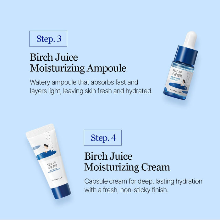 Birch Juice Moisturizing Mini Kit, 4-Step Travel Size Skincare Set (Cleanser, Toner, Serum, Cream), Daily Skin Care Routine Trial Kit for Acne-Prone and Sensitive Skin, Stocking Stuffers