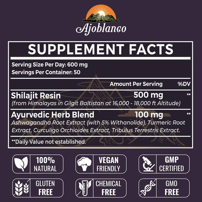 Ajoblanco 600mg Shilajit Pure Himalayan Organic Shilajit Resin - Himalayan Shilajit Resin with Organic Ayurvedic Blend in High Potency for Energy, Strength & Immunity, 30 Grams