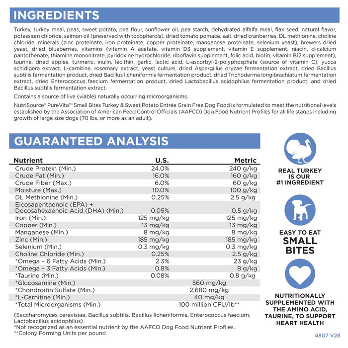 NutriSource Pure Vita Limited Ingredient Grain Free Dry Dog Food, Small Bites, Turkey and Sweet Potato, 15LB