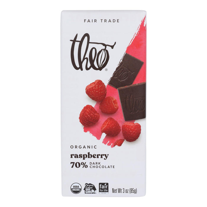 Theo Chocolate Organic Chocolate Bar - Classic - Dark Chocolate - 70 Percent Cacao - Raspberry - 3 Oz Bars - Case Of 12