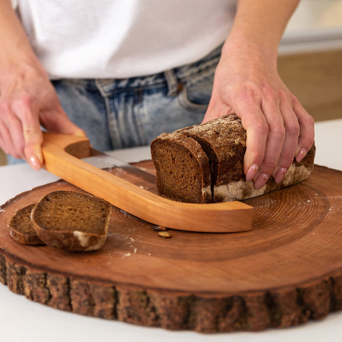 TYOARO Wooden Bread Bow Knife, Cherry (16") - Serrated Sourdough Cutter for Homemade Bagels, Baguettes and More - Right-Handed, Cuts Thin, Even Slices - Premium Stainless Steel